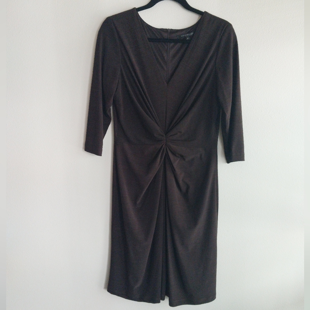 David Meister Brown 3/4 Sleeve V-Neck Ruched Midi Sheath Dress
